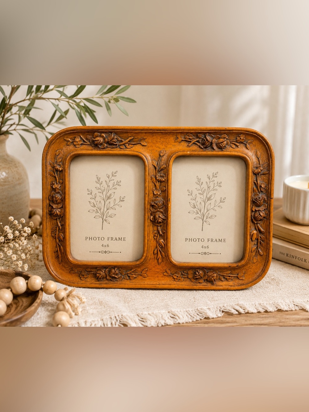 Wood Carved Double Photo Frame in Warm Honey Brown rosebuds vintage Victorian